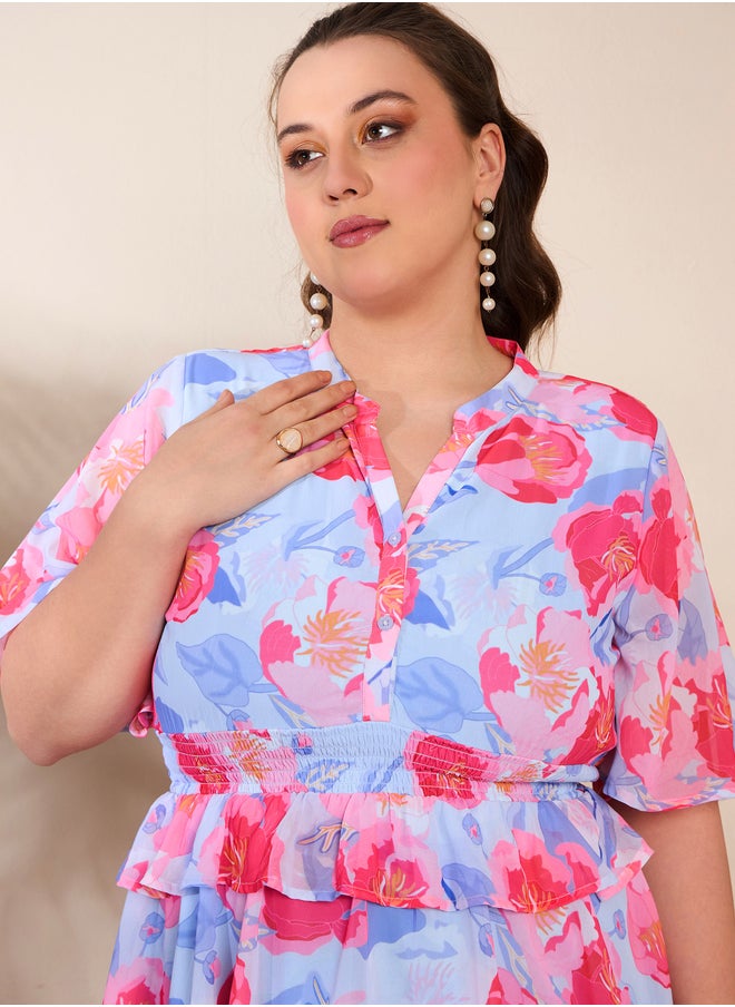 SASSAFRAS Plus Size Floral Print Tired Knee Length Dress  - Image 4