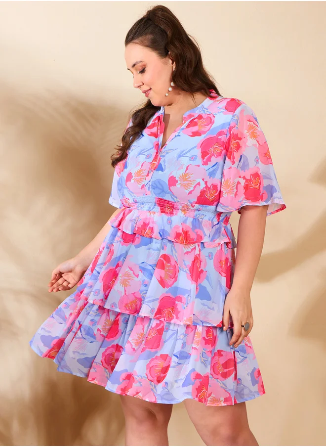 ساسافراس Plus Size Floral Print Tired Knee Length Dress