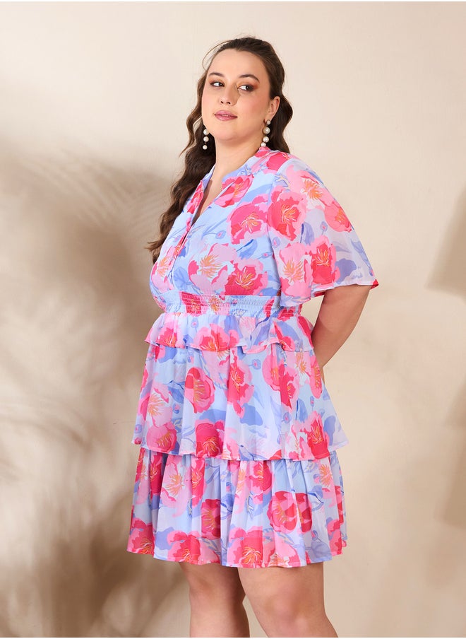 SASSAFRAS Plus Size Floral Print Tired Knee Length Dress  - Image 3