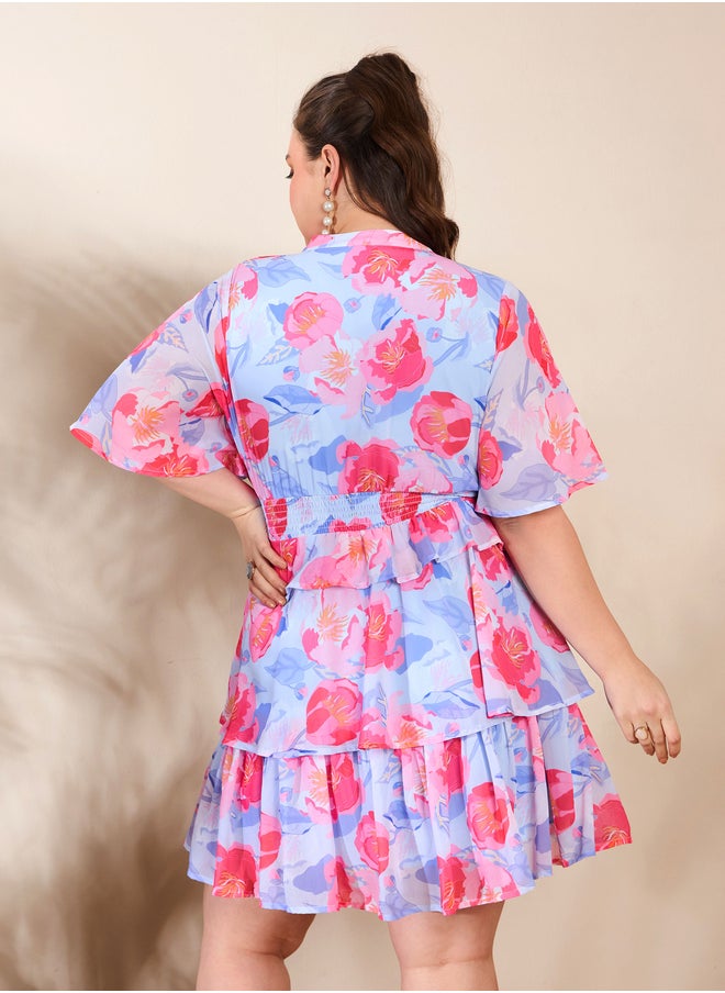 SASSAFRAS Plus Size Floral Print Tired Knee Length Dress  - Image 5