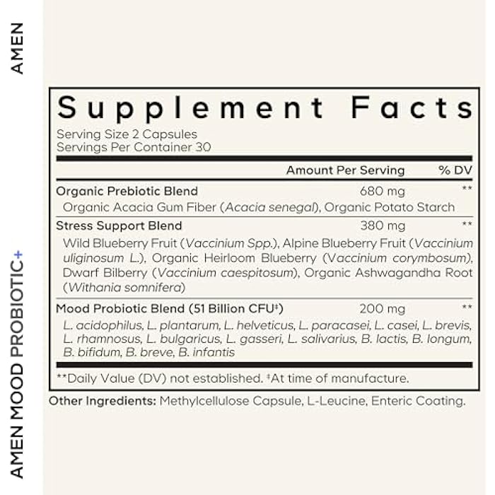 Amen Mood Probiotic Supplement 51 Billion CFU - Organic Prebiotics and Probiotics - Acidophilus Probiotic Pills, Fibers - Mood Organic Ashwagandha, Blueberries - Vegan & Non-GMO - 60 Capsules - Image 2