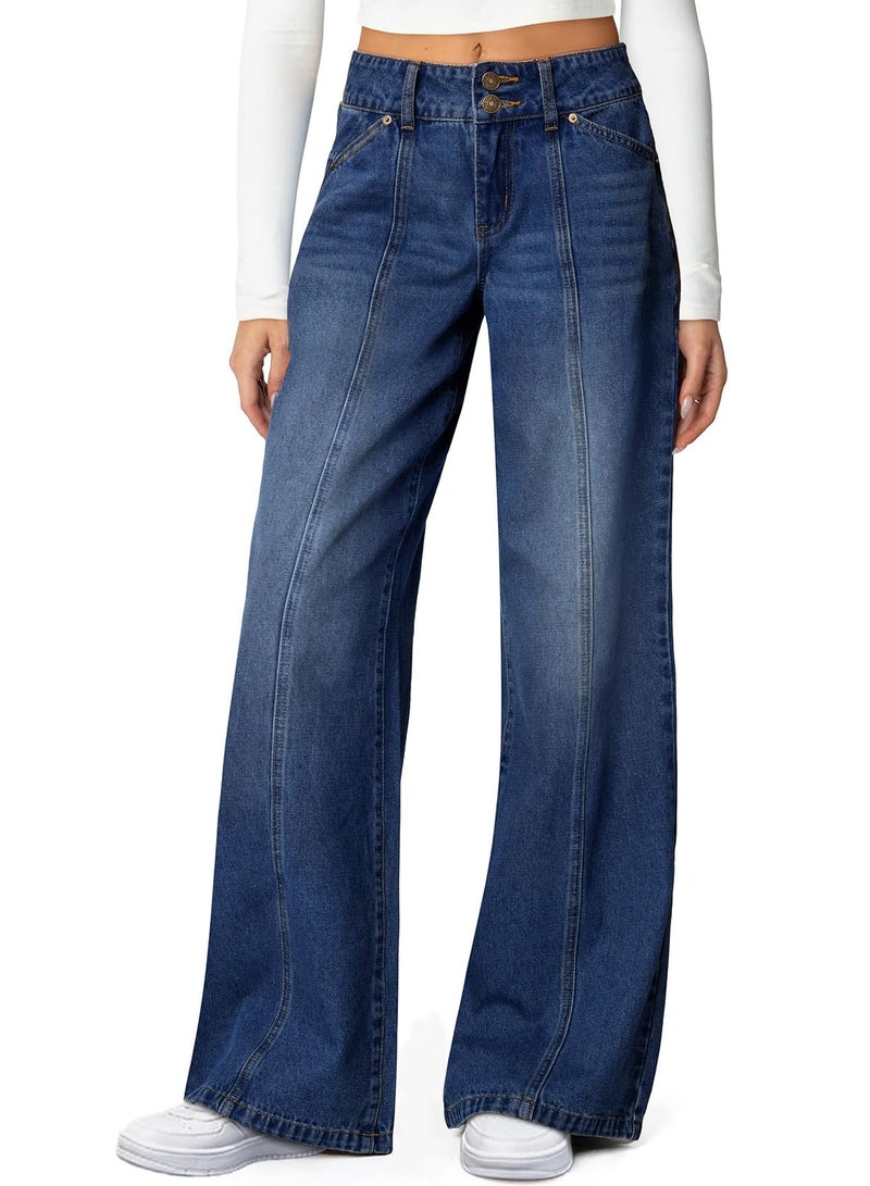 Sidefeel Women's Wide Leg Jeans High Waisted Stretchy Jeans Trendy Seamed Front Straight Leg Loose Denim Pants Deep Blue Size 12 - Image 1