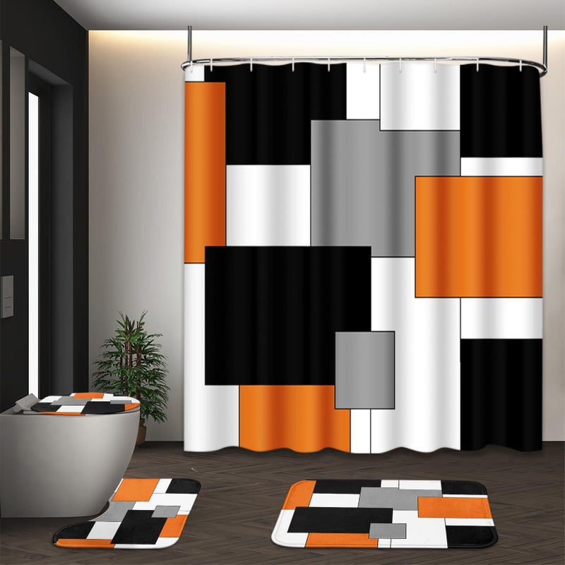 Tayney Orange Geometric Shower Curtain Set with Toilet Lid Cover and NonSlip Rugs for Bathroom Black White Grey Checkered 4 Pcs Shower Curtain Modern Abstract Bathroom Set with 12 Hooks