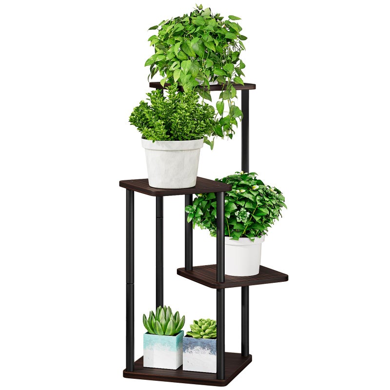 AZERPIAN Plant Stand 4 Tier Indoor Metal Flower Shelf for Multiple Plants Corner Tall Flower Holders for Patio Garden Living Room Balcony Bedroom, Black oak - Image 1