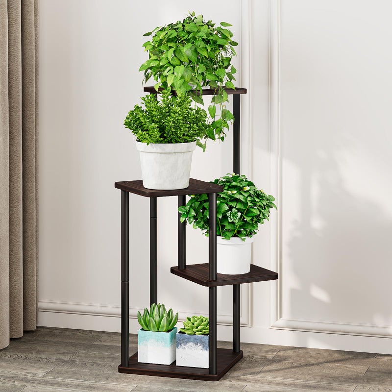 AZERPIAN Plant Stand 4 Tier Indoor Metal Flower Shelf for Multiple Plants Corner Tall Flower Holders for Patio Garden Living Room Balcony Bedroom, Black oak - Image 2
