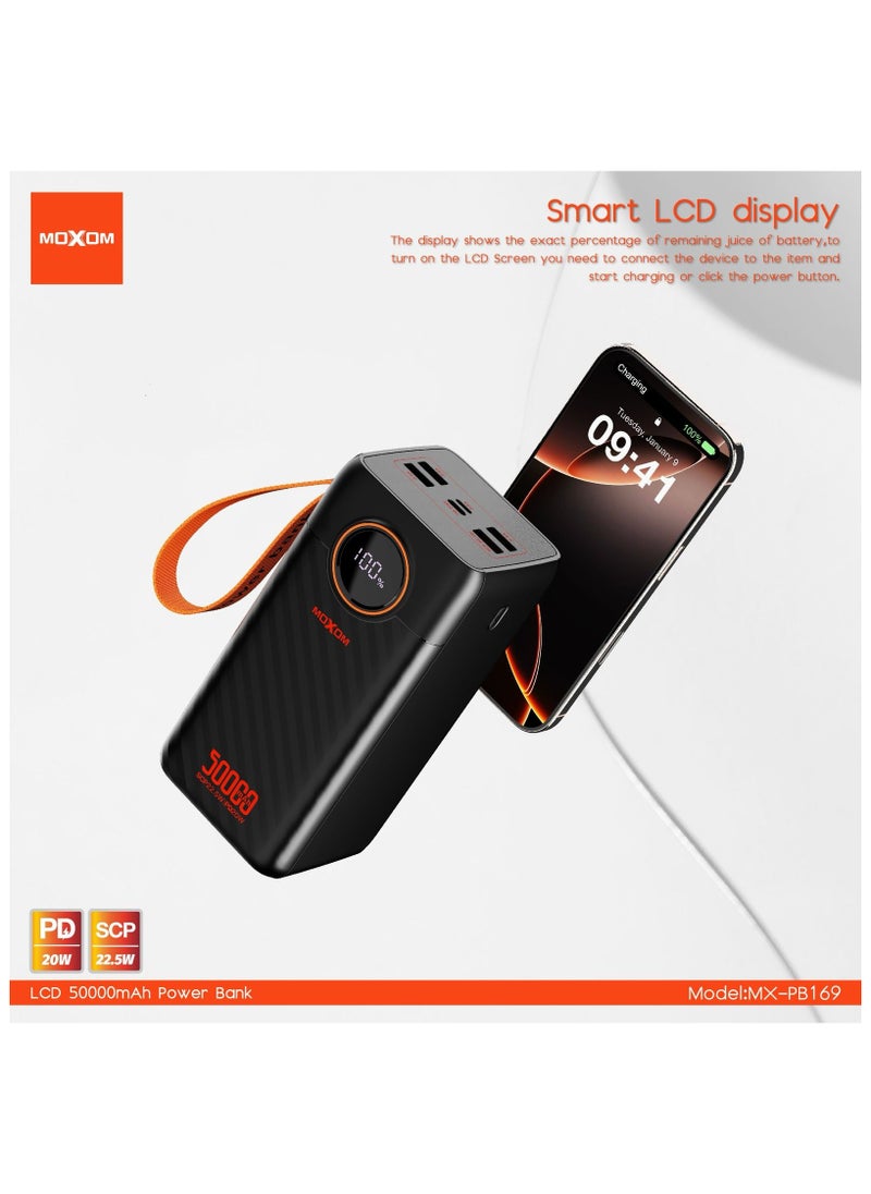 MX-PB169 50000 mAh Large Capacity Portable Power Bank With Multiple Input and Multiple Output PD 20W + SCP 22.5W With LCD Display Black
