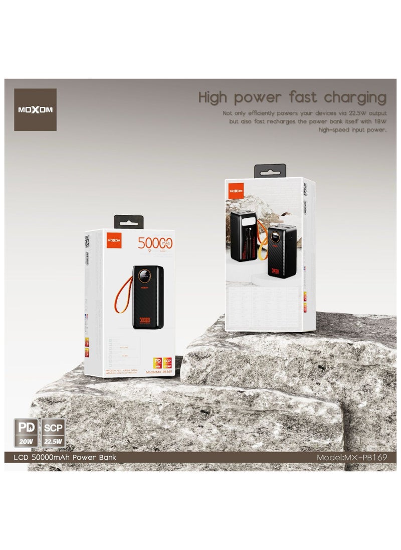 MX-PB169 50000 mAh Large Capacity Portable Power Bank With Multiple Input and Multiple Output PD 20W + SCP 22.5W With LCD Display Black
