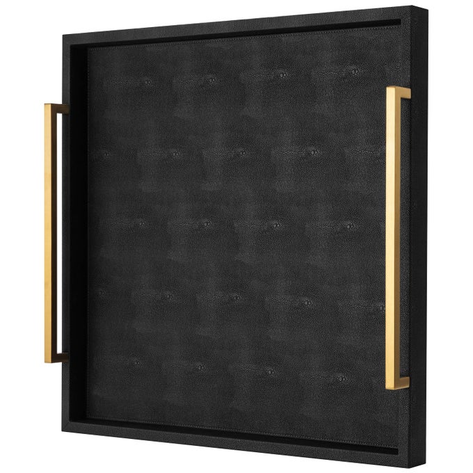 EXTRA BLACK LARGE SERVING TRAY WITH HANDLES FOR OTTOMANVERSATILE SHAGREEN LEATHER SQUARE OTTOMAN TRAY FOR LIVING ROOM