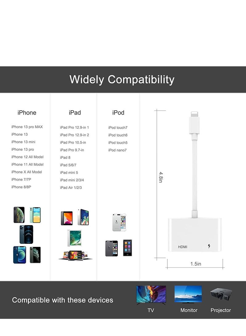 HDMI Adapter for iPhone,HDMI Sync Screen Converter, 1080P HDMI Digital AV Adapter with Charing Port,Compatible with iPhone 13/12/11/X/8/7/ iPad/ iPod to HD TV/Monitor/Projector. [No Need Power] - Image 2
