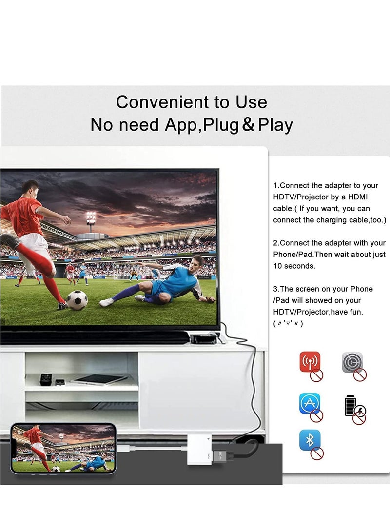 HDMI Adapter for iPhone,HDMI Sync Screen Converter, 1080P HDMI Digital AV Adapter with Charing Port,Compatible with iPhone 13/12/11/X/8/7/ iPad/ iPod to HD TV/Monitor/Projector. [No Need Power] - Image 4
