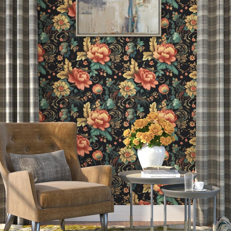 BOKEBEVE Extra Long Colorful Floral Peel and Stick Wallpaper Boho Vibrant Contact Paper Cabinet Vintage Wallpaper for Bedroom Bathroom Wall Removable Black 17.5 x 393.5In - Image 2