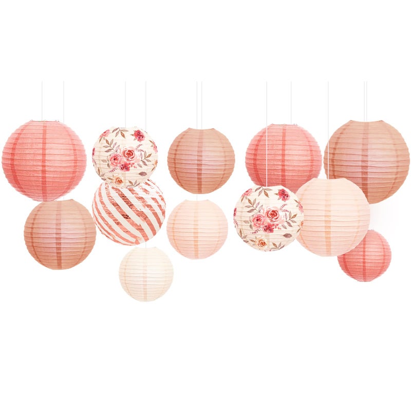 NICROLANDEE Wedding Party Decorations 12PCS Rose Gold Vintage Floral Paper Lantern Hanging Decorations for Bridal Shower Anniversary Baby Shower Bachelorette Birthday Valentines Day Party Decor