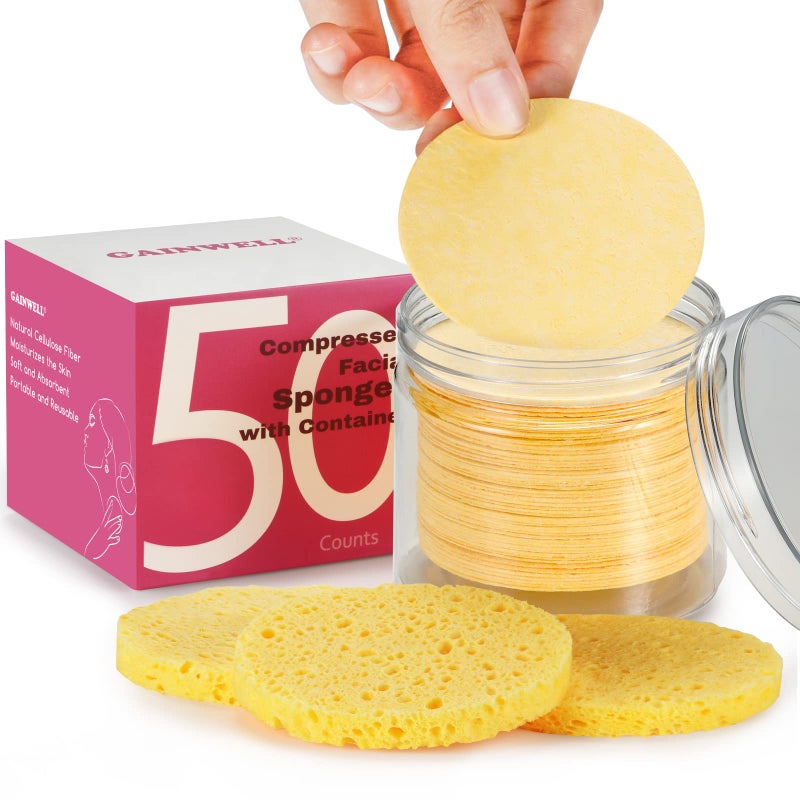 GAINWELL 50-Count Compressed Facial Sponges with Storage Container, for Facial Cleansing, Reusable Makeup Remover, Portable, Suitable for Travel, Yellow - Image 1