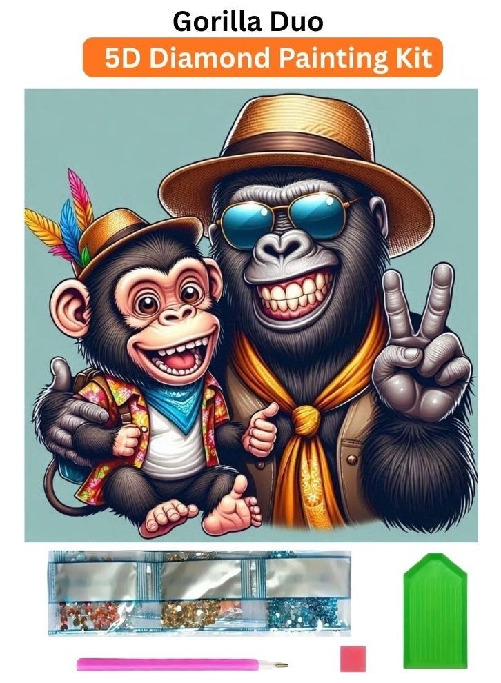 Diamond Painting Kit 5D Diamond Art Set for Kids & Adults DIY Wall Decor Craft, Gorilla Duo Design, Acrylic Diamonds, Adhesive Canvas with Wooden Frame, Relaxing Hobby Art Kit, 20x20 cm - Image 1