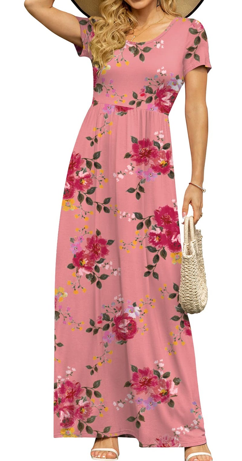 DB MOON Womens Casual Plus Size Maxi Dresses Short Sleeve Empire Waist Long Dress with Pockets(Pink Floral, XL) - Image 2