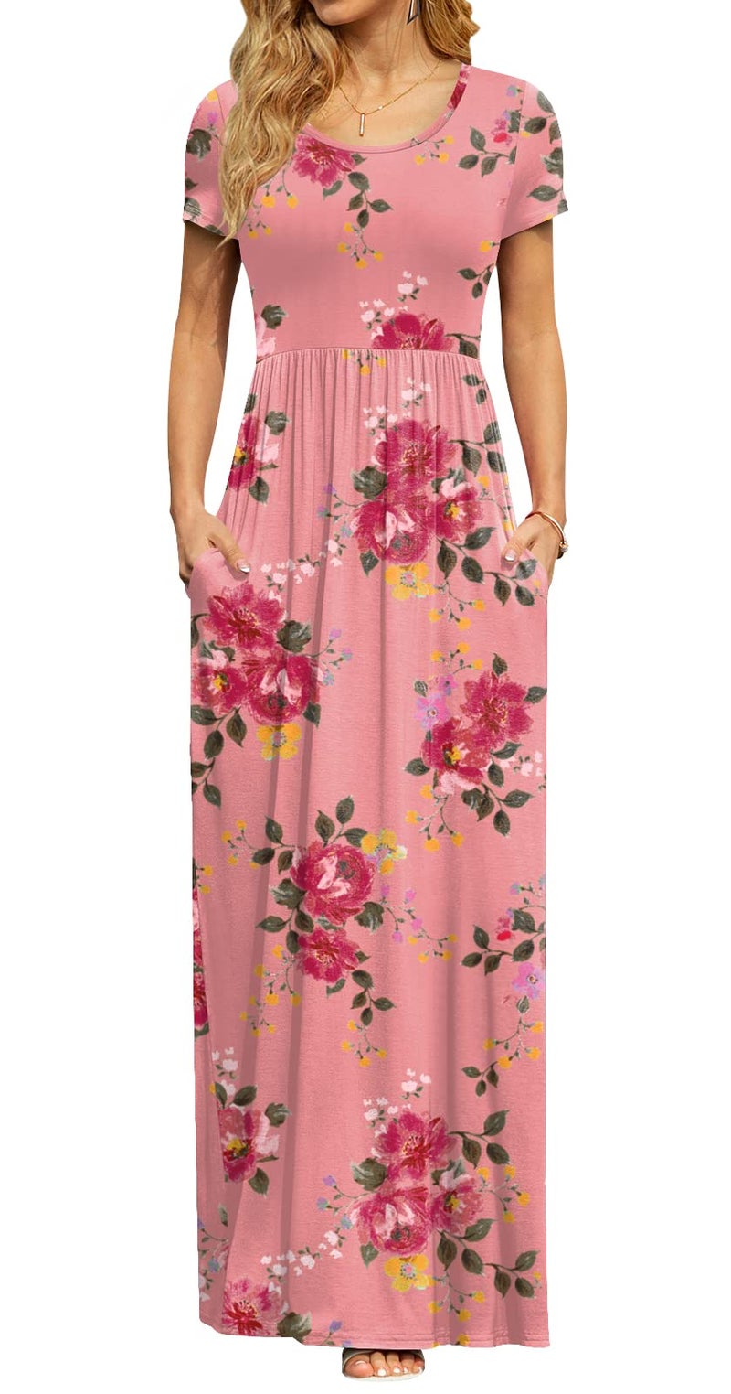 DB MOON Womens Casual Plus Size Maxi Dresses Short Sleeve Empire Waist Long Dress with Pockets(Pink Floral, XL) - Image 1