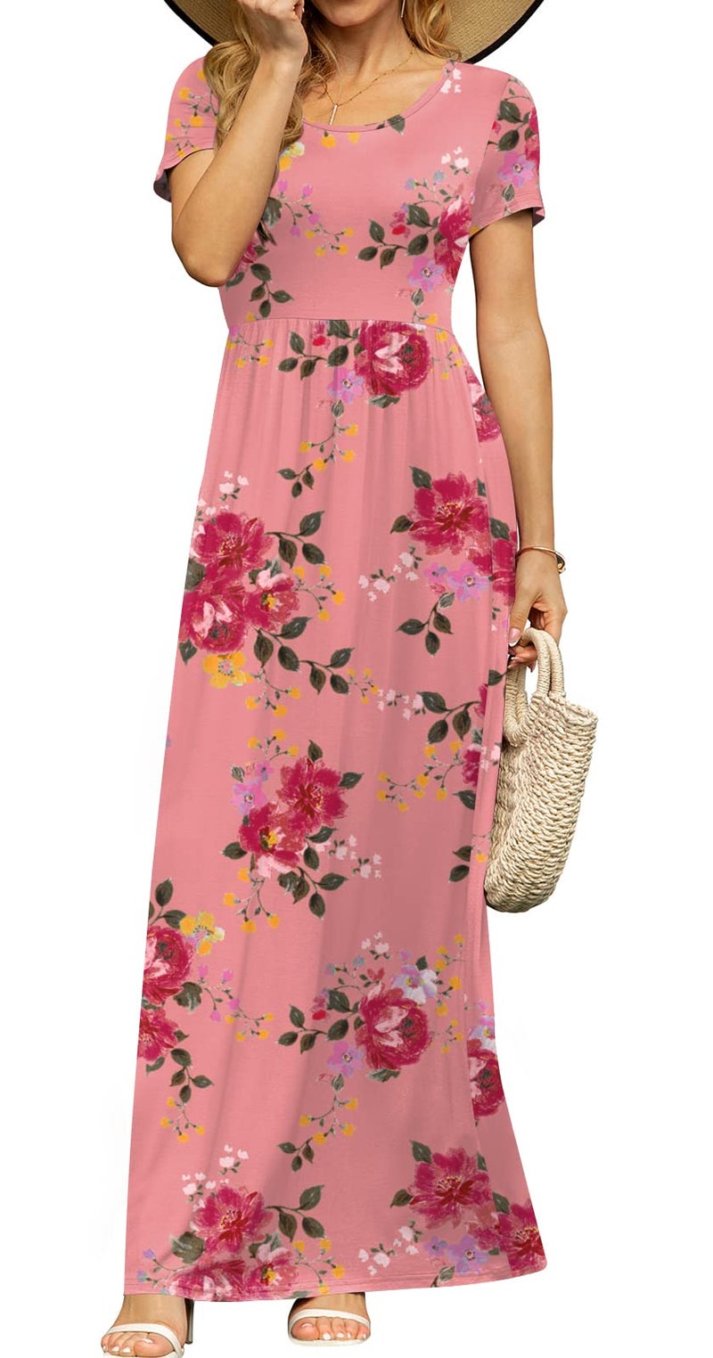 DB MOON Womens Casual Plus Size Maxi Dresses Short Sleeve Empire Waist Long Dress with Pockets(Pink Floral, XL) - Image 4