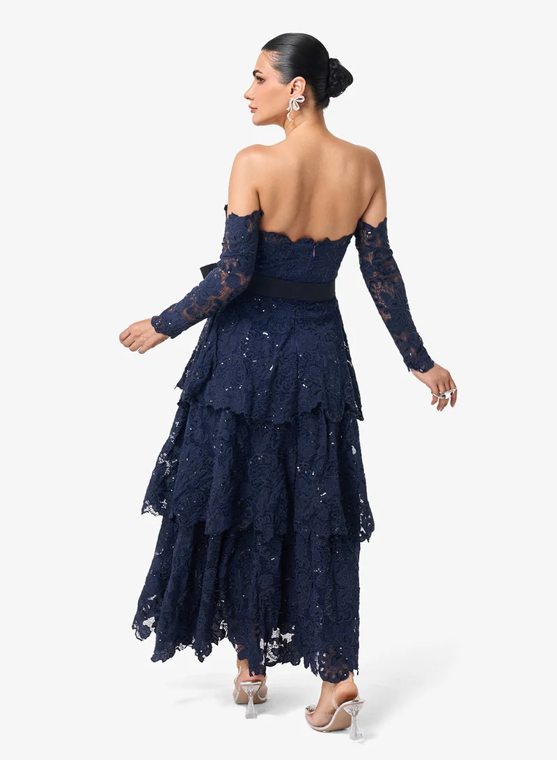 Threadz by Ajooni Sweetheart Neck Ruffle Detail Maxi Dress