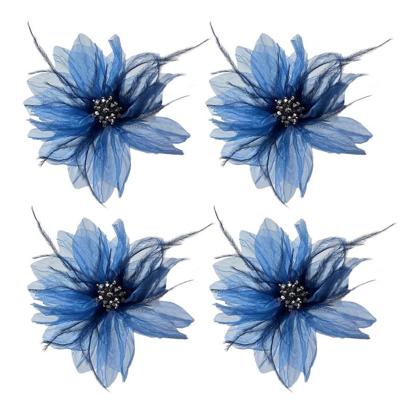 Womens Brooches 4pcs Organza Flower Feather Hair Clip Dancer Pin up Mexican Hair Flowers Clips Hairpin Brooch Tea Party Hats Headpieces Cotume Decor blue