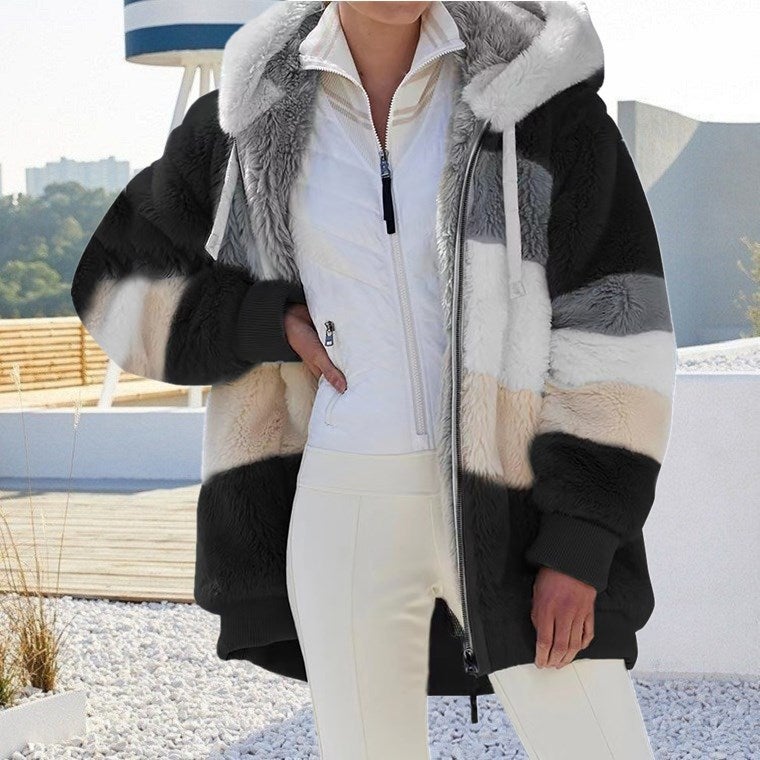 Selling 2023 Warm Plush Patchwork Zipper Pocket Hooded Loose Jacket For Women - Image 3