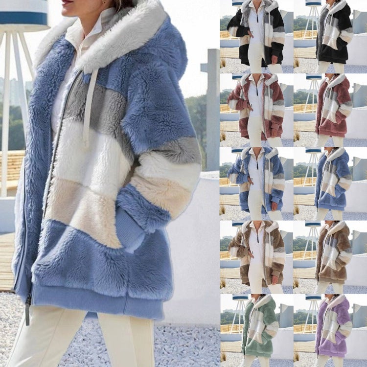 Selling 2023 Warm Plush Patchwork Zipper Pocket Hooded Loose Jacket For Women - Image 2