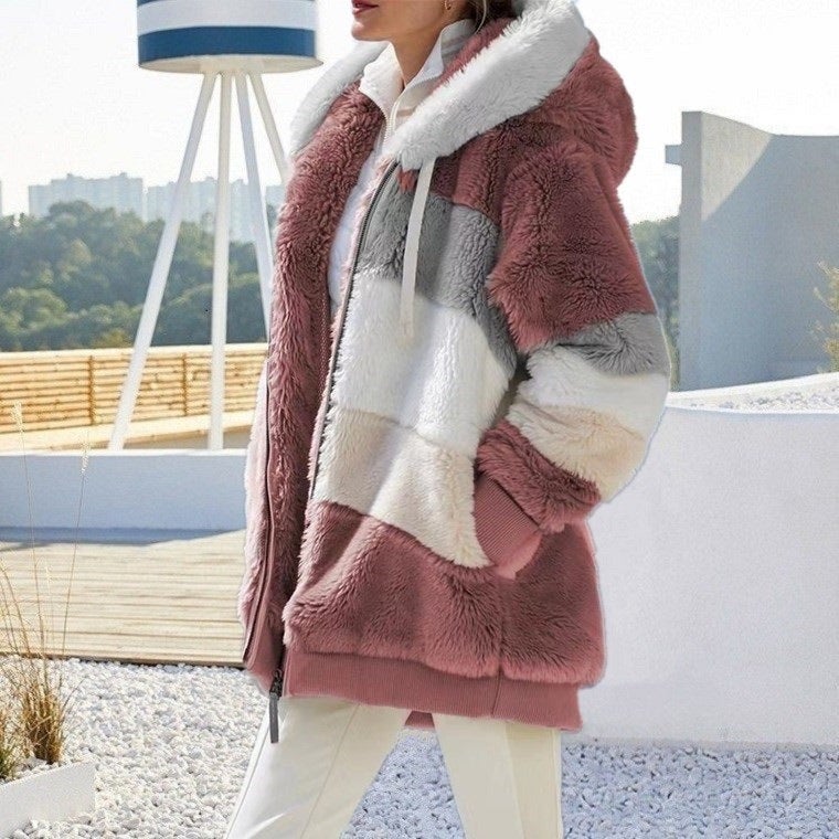 Selling 2023 Warm Plush Patchwork Zipper Pocket Hooded Loose Jacket For Women - Image 4