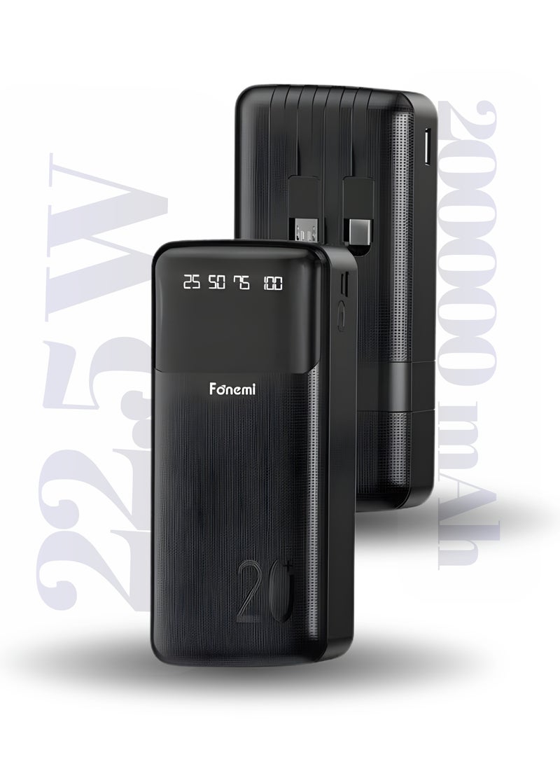 Fonemi 20000mAh Power Bank 22.5W Fast Charging, Built-in 4 Cables (Type-C, Lightning, Micro USB & USB), Built-in Mobile Stand for Hands-Free Use While Charging, Digital LED Display, Smart Protection Chip, Dual Input & Multiple Output Portable Charger for Multi-Device Charging, Outdoor, Home & Office – Black - Image 1