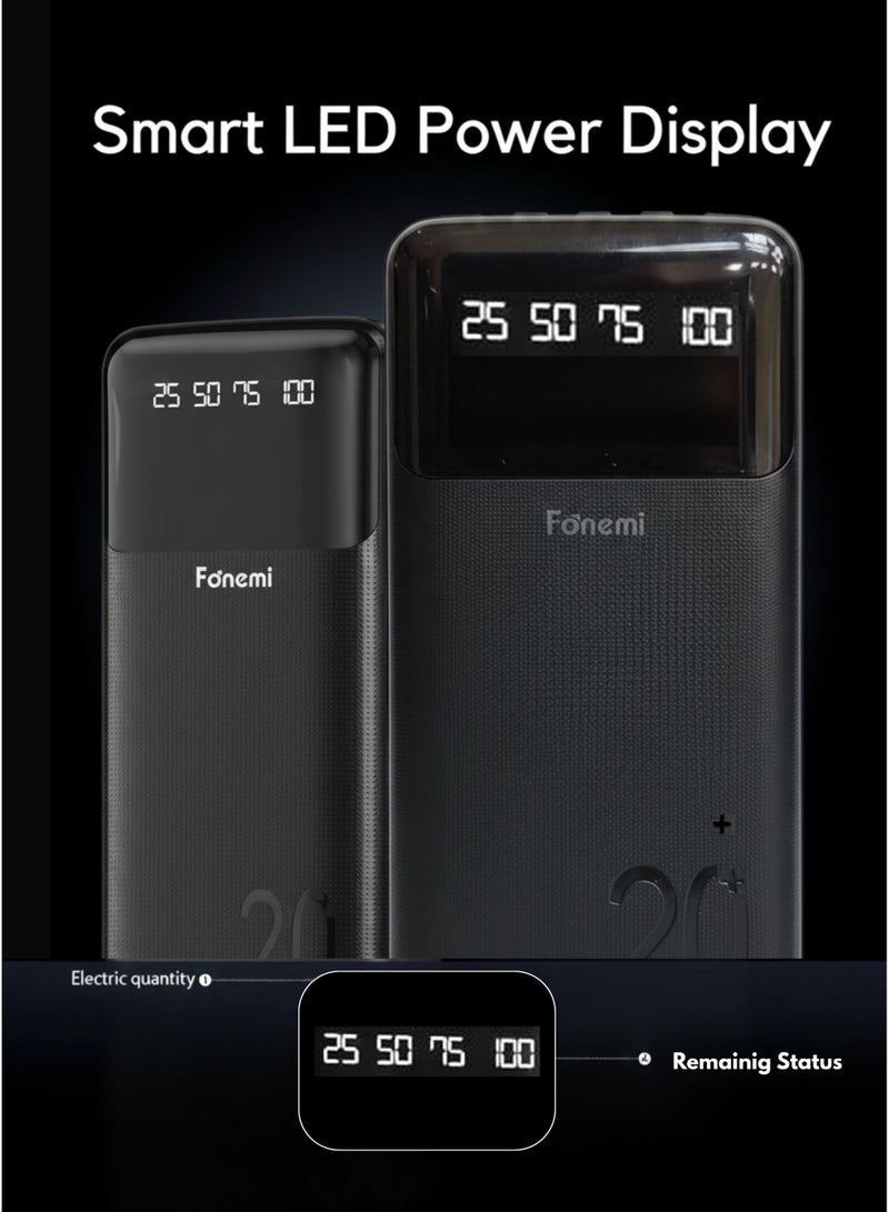 Fonemi 20000mAh Power Bank 22.5W Fast Charging, Built-in 4 Cables (Type-C, Lightning, Micro USB & USB), Built-in Mobile Stand for Hands-Free Use While Charging, Digital LED Display, Smart Protection Chip, Dual Input & Multiple Output Portable Charger for Multi-Device Charging, Outdoor, Home & Office – Black - Image 3