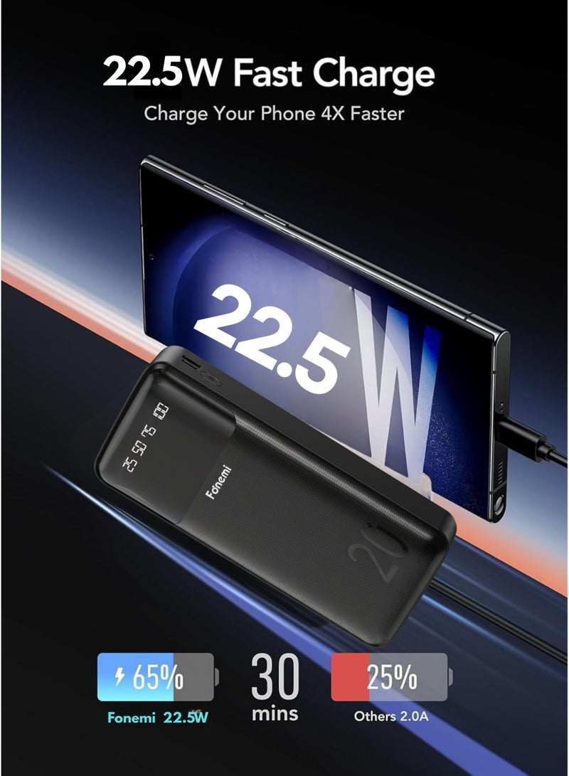 Fonemi 20000mAh Power Bank 22.5W Fast Charging, Built-in 4 Cables (Type-C, Lightning, Micro USB & USB), Built-in Mobile Stand for Hands-Free Use While Charging, Digital LED Display, Smart Protection Chip, Dual Input & Multiple Output Portable Charger for Multi-Device Charging, Outdoor, Home & Office – Black - Image 2