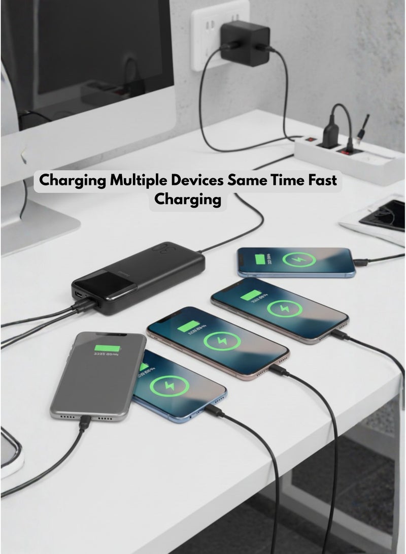 Fonemi 20000mAh Power Bank 22.5W Fast Charging, Built-in 4 Cables (Type-C, Lightning, Micro USB & USB), Built-in Mobile Stand for Hands-Free Use While Charging, Digital LED Display, Smart Protection Chip, Dual Input & Multiple Output Portable Charger for Multi-Device Charging, Outdoor, Home & Office – Black - Image 4