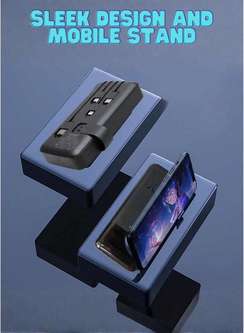 Fonemi 20000mAh Power Bank 22.5W Fast Charging, Built-in 4 Cables (Type-C, Lightning, Micro USB & USB), Built-in Mobile Stand for Hands-Free Use While Charging, Digital LED Display, Smart Protection Chip, Dual Input & Multiple Output Portable Charger for Multi-Device Charging, Outdoor, Home & Office – Black - Image 5