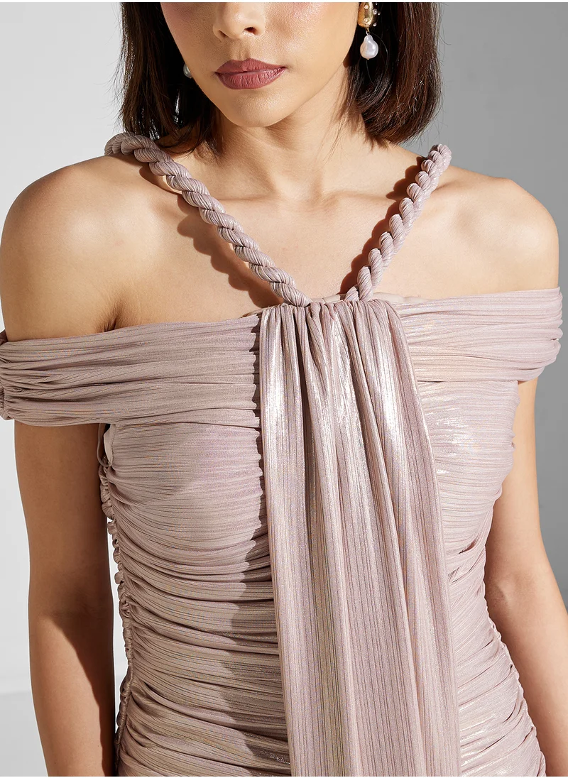 نمشي x Rope Neck Detail Ruched Metallic Dress