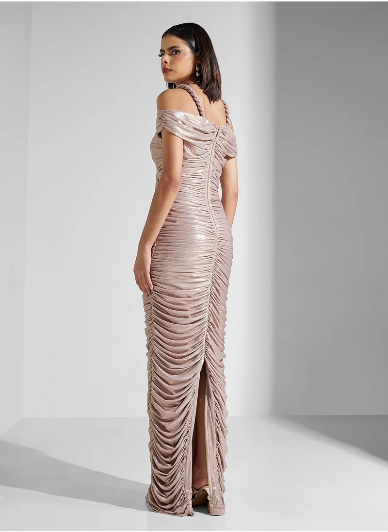 نمشي x Rope Neck Detail Ruched Metallic Dress