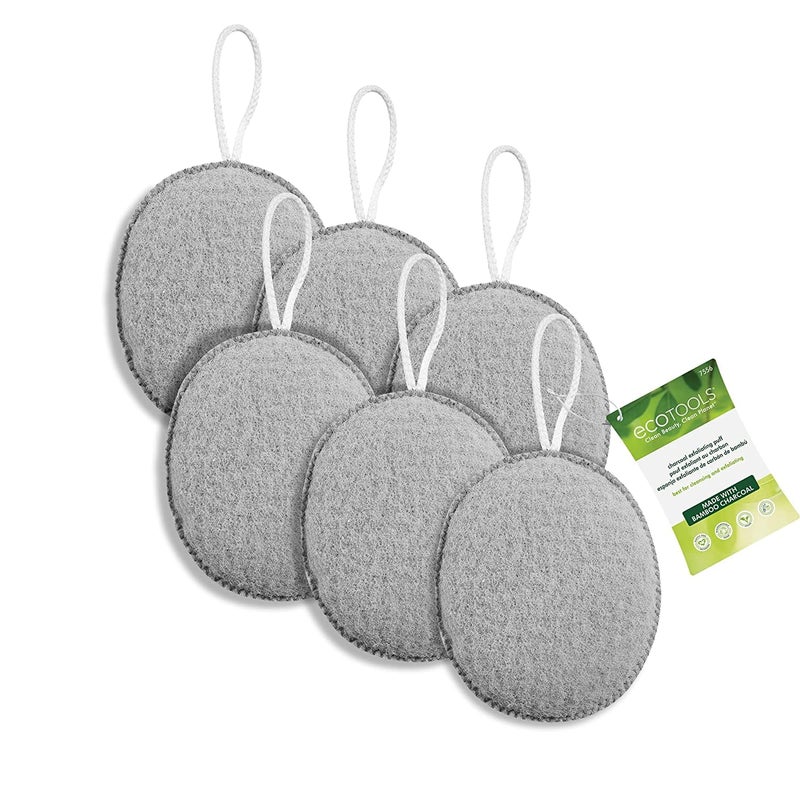 EcoTools Charcoal Exfoliating Puff, Infused Body Sponge, Detoxifying & Exfoliating, Removes Dry Skin & Self-Tanner, Eco-Friendly Bath Accessory for Men & Women, Cruelty-Free & Vegan, 6 Count