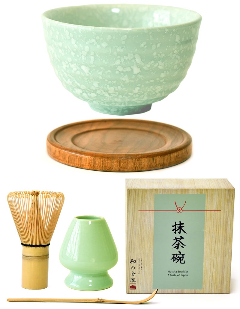 APEX S.K. Ceramic Mint Snow Matcha Bowl Set  Japanese Chawan Matcha Tea Set with Bamboo Whisk  Scoop Traditional Green Tea Ceremonial Set Matcha Whisk Chasen  Bowl for Tea Lovers