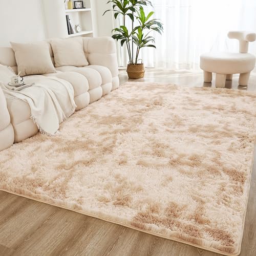 Litanika 5x8 Shag Area Rug for Living Room Bedroom TieDyed Beige High Pile Soft Plush Shaggy Furry Cream Bedside Playroom Dorm Carpet NonSlip NonShedding Modern Indoor Floor Rug - Image 1