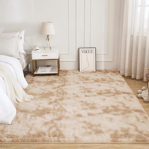 Litanika 5x8 Shag Area Rug for Living Room Bedroom TieDyed Beige High Pile Soft Plush Shaggy Furry Cream Bedside Playroom Dorm Carpet NonSlip NonShedding Modern Indoor Floor Rug - Image 3