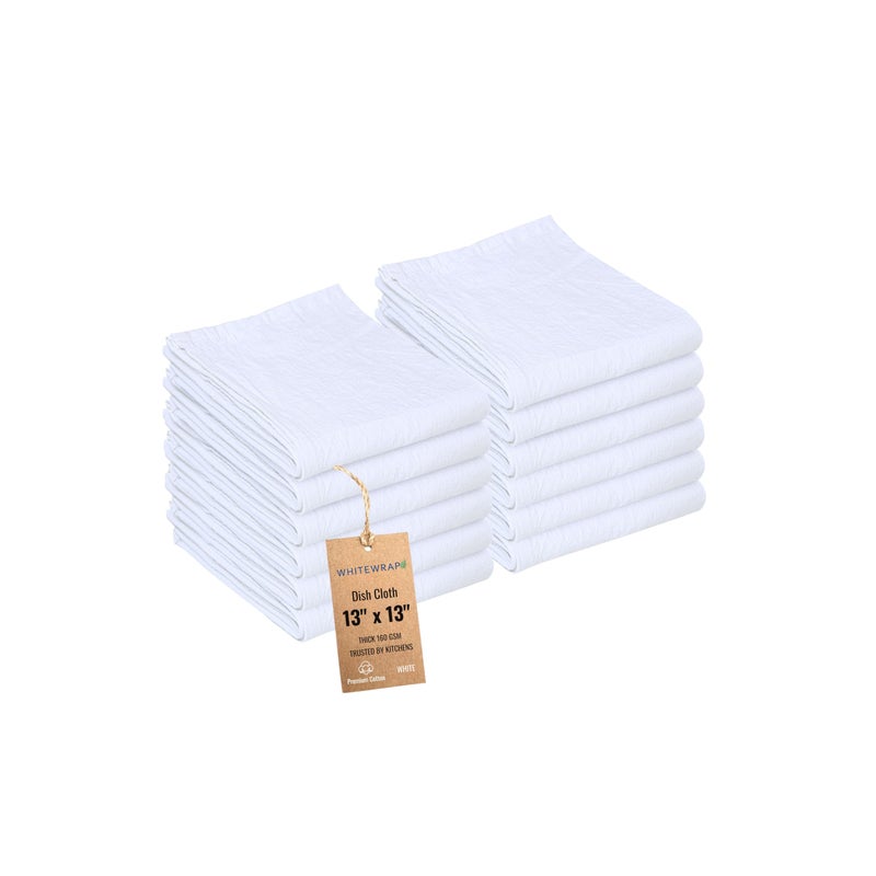 Whitewrap Dish Cloths Cotton| Kitchen Wash Cloth| Shop Towels Absorbent And Lint Free Flour Sack| Dishcloths For Kitchen Washing Dishes|Thick Absorbent Quick Dry Dish Rags | 12 Pack 13""X13"" White - Image 1
