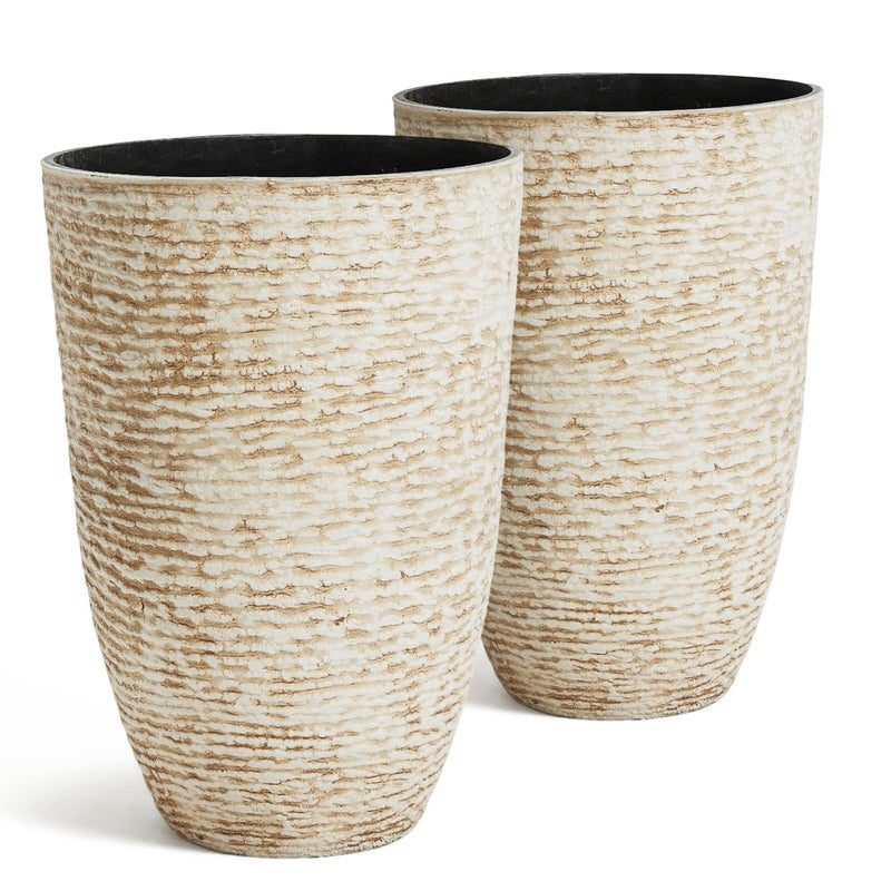 Worth 9 Gallon Tall Round Planters Set of 2-14" Dia x 21" H Stone Finish Flower Pots Indoor Decorative Container Garden Patio Unbreakable Beige - Image 1