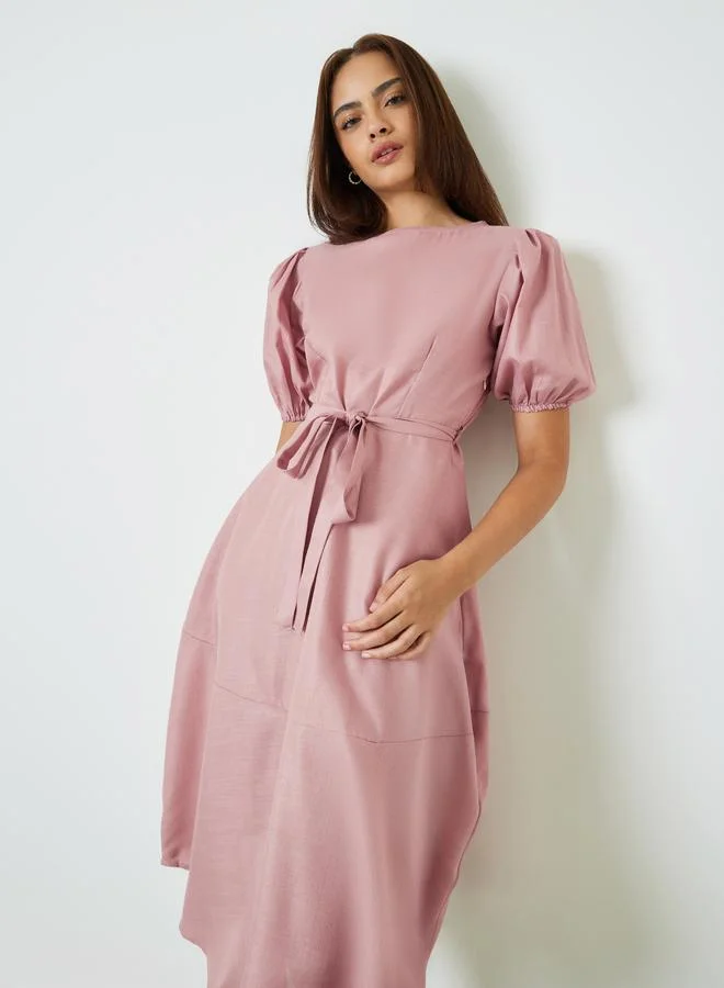Styli Pink A-Line Midi Dress with Puff Sleeves