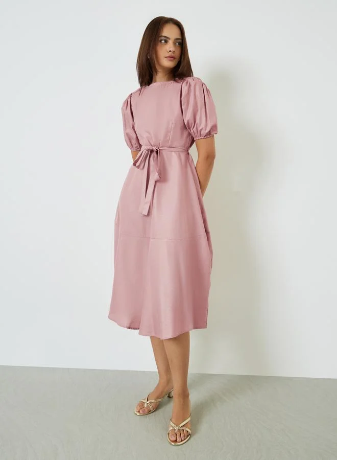 Styli Pink A-Line Midi Dress with Puff Sleeves