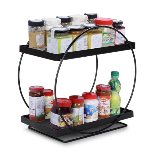 Cri8Hub Round 2-Tier Kit-chen Storage Rack, Metal Spice Organizer Shelf, Kit-chen Pantry Storage Organizer | MultiPurpose Storage Organizer | Kit.chen Racks | Kit-chen Organizer, Black - Image 2