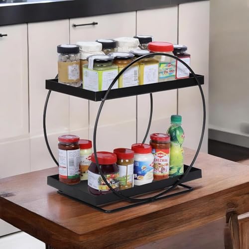 Cri8Hub Round 2-Tier Kit-chen Storage Rack, Metal Spice Organizer Shelf, Kit-chen Pantry Storage Organizer | MultiPurpose Storage Organizer | Kit.chen Racks | Kit-chen Organizer, Black - Image 5