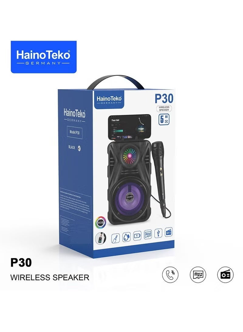 Haino Teko P30 Wireless Bluetooth Speaker with RGB Lights & Karaoke Microphone | 5-Hour Playtime | Deep Bass & Loud Sound | Bluetooth 5.0 | Black Portable Party Speaker for Indoor & Outdoor Use | Ideal for Events, Gatherings & Travel in UAE - Image 4