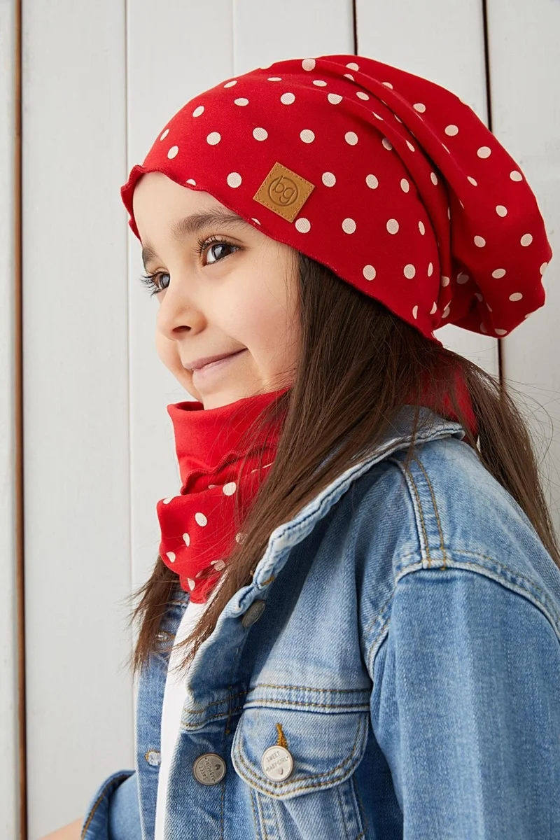 بيبيجيز Red White Baby Girl Beanie Neck Collar Set Soft 100% Cotton Combed Cotton Trend Series