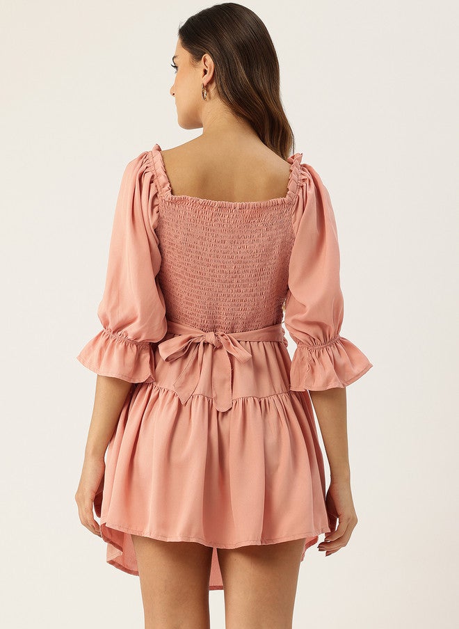 Rue Collection Peach Puff Sleeve Mini Dress for Women - Image 4
