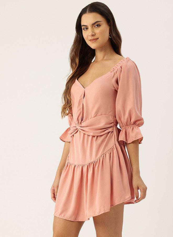 Rue Collection Peach Puff Sleeve Mini Dress for Women - Image 3