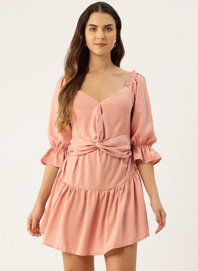 Rue Collection Peach Puff Sleeve Mini Dress for Women - Image 1