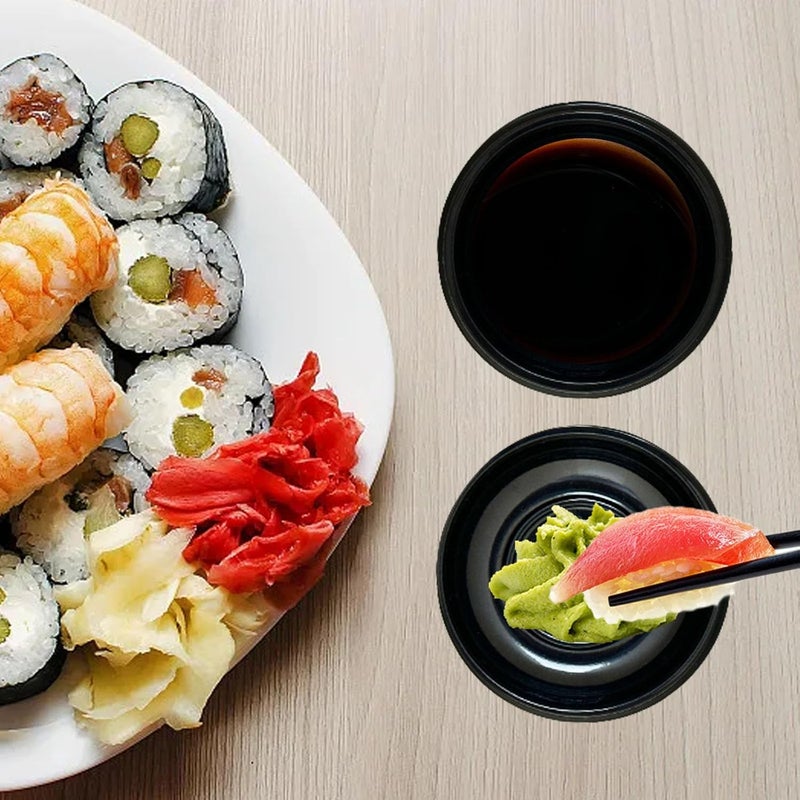 Xanadued 100 Pcs Plastic Disposable Sauce Dishes Dipping Soy Sauce Seasoning Plate Bowls Mini Condiment Appetizer Tray for Sushi Soy Mustard Vinegar Ketchup BBQ Black Circular - Image 5