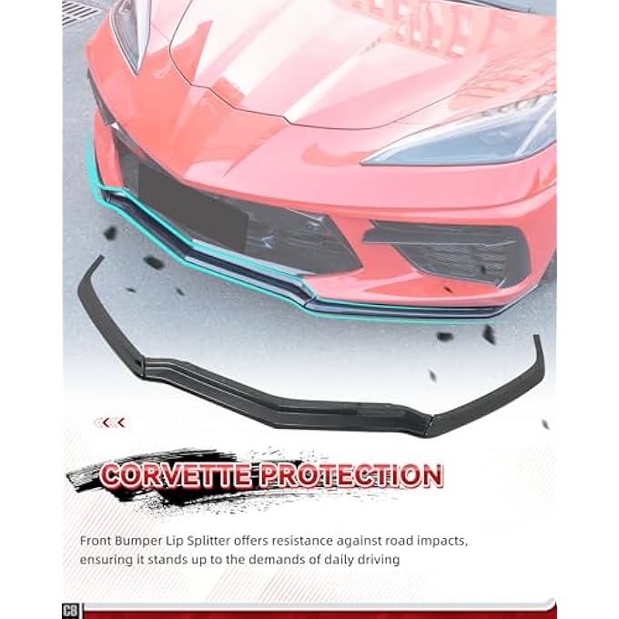 etesan Carbon Fiber Painted C8 Front Splitter Fit for Corvette C8 Stingray Z51 2020-2025 ABS Front Bumper Lip Splitter Replacement Kit OEM #84869770 3PCS - Image 4